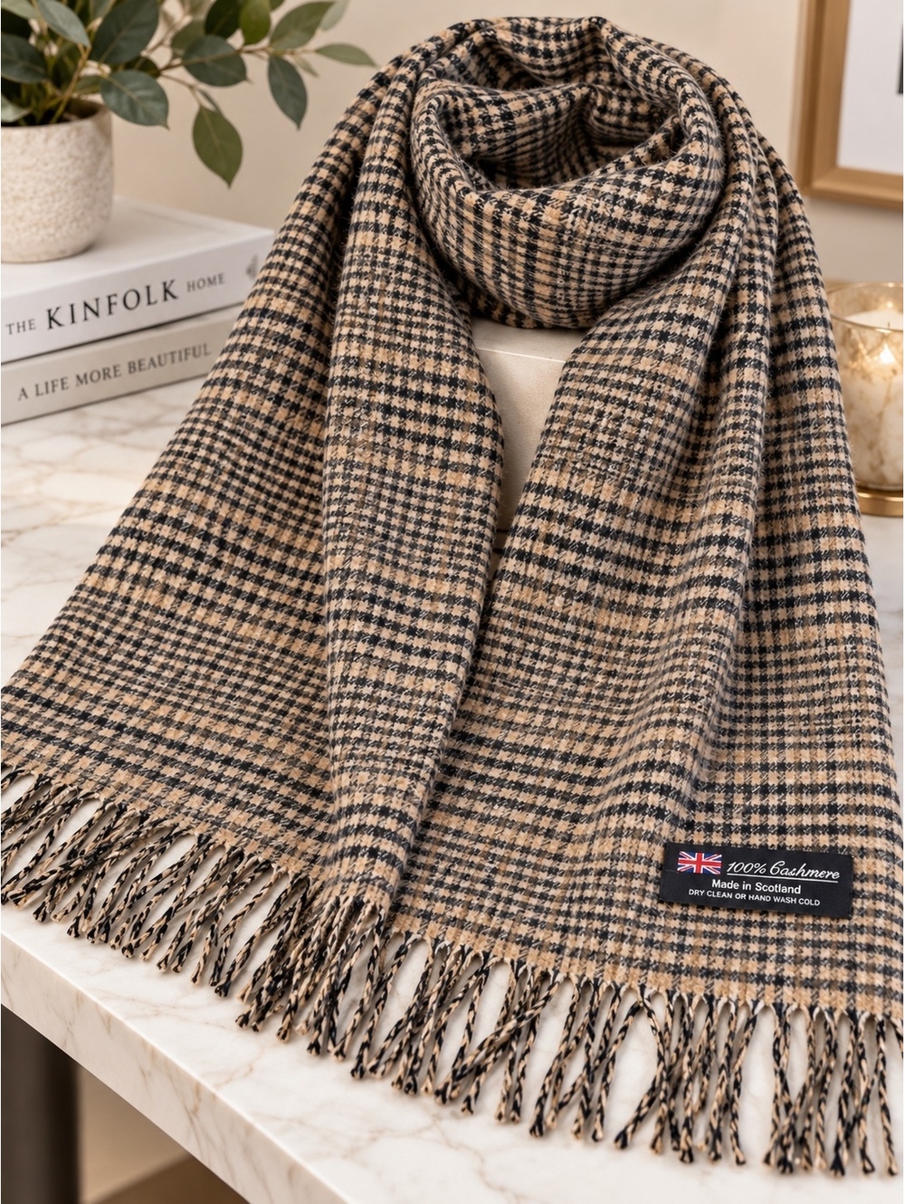100% Cashmere Scarf Made in Scotland Houndstooth Plaid 64” x 12” NWOT